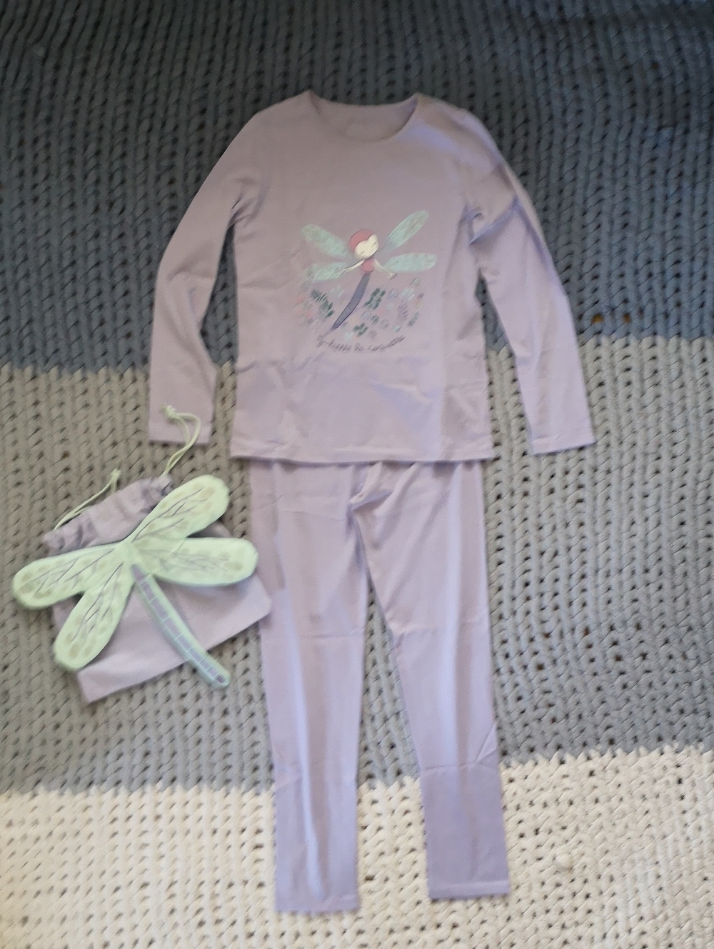 Girls' Lavender Dragonfly Pajama Set - Long Sleeve & Pants with matching pouch